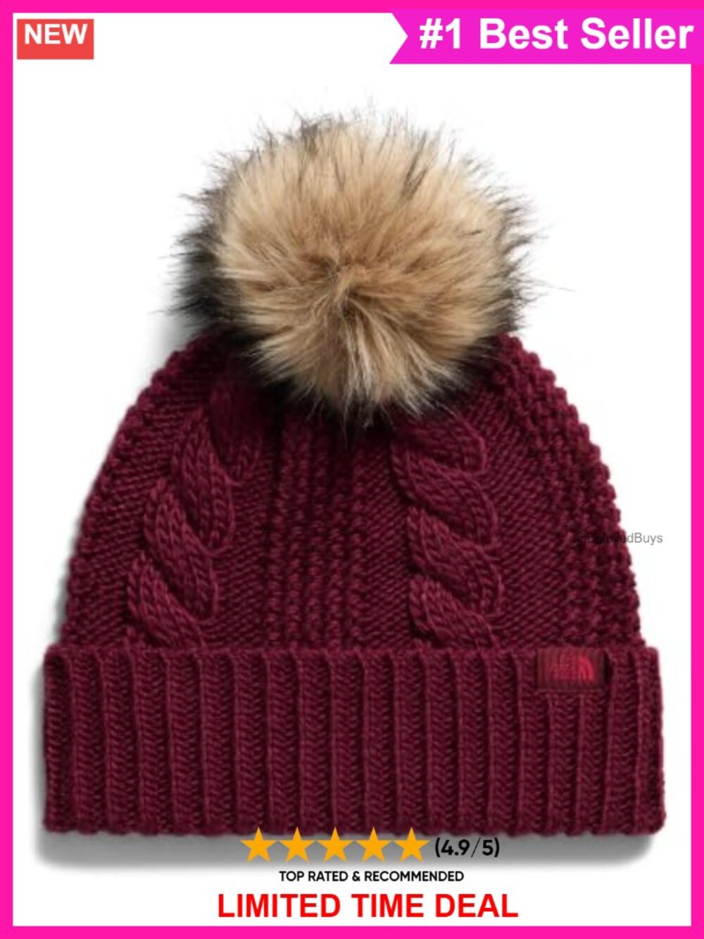 North Face Oh Mega Fur Pom Cable Knit Cuffed Beanie Winter Hat